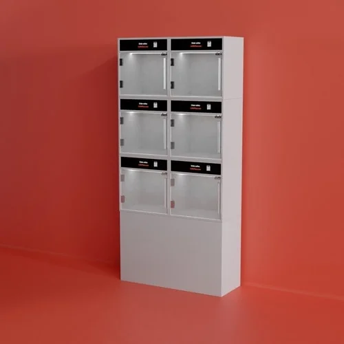 Boxie freestanding smart locker tower with six pickup compartments for a restaurant vestibule